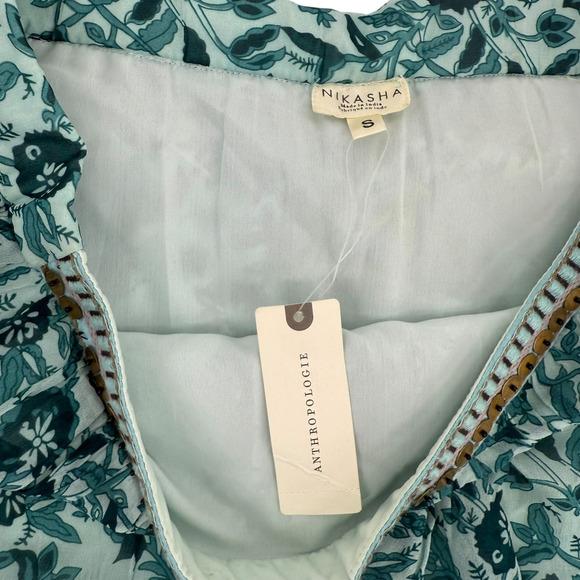 Anthropologie NIKASHA Mini Skirt Tiered Floral Beaded Size S Blue Green Boho - Picture 6 of 10